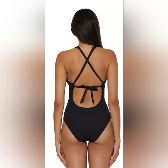 Becca Modern Edge Textured Plunging-Neck Swimsuit NWOT Size Small Black - Picture 2 of 5